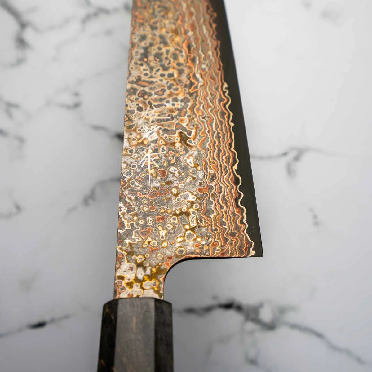 Takeshi Saji VG10-W Nashiji Rainbow Damascus Gyuto 240mm - Dark Maple - Image 5