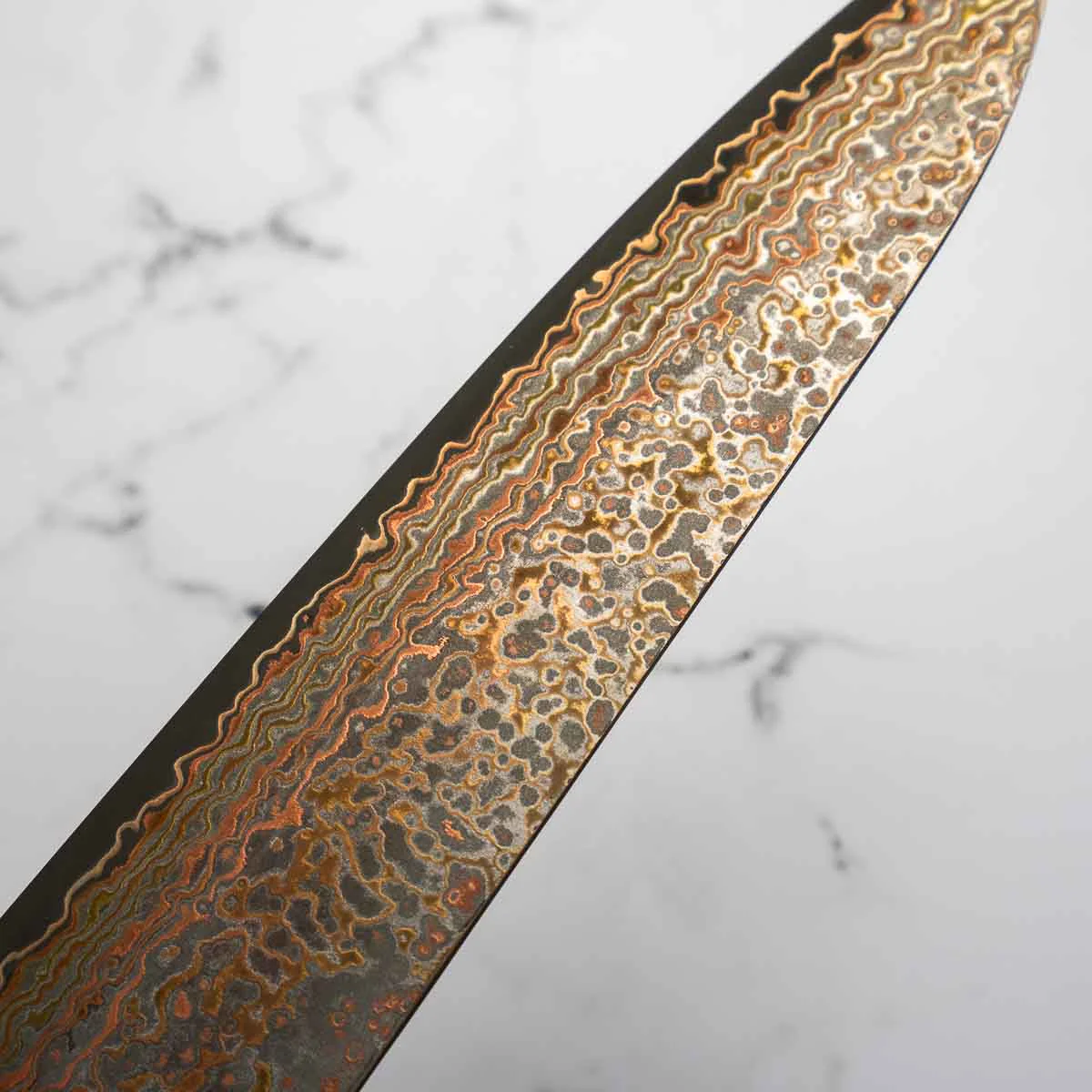 Takeshi Saji VG10-W Nashiji Rainbow Damascus Gyuto 240mm - Dark Maple - Image 6