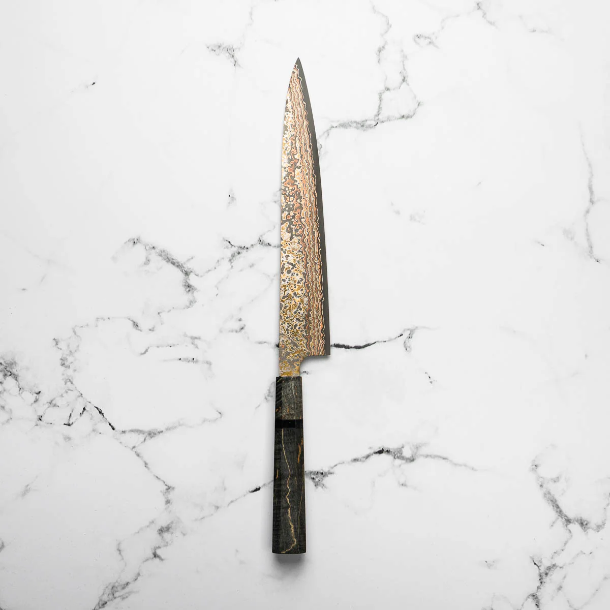 Takeshi Saji VG10-W Nashiji Rainbow Damascus Sujihiki 240mm - Dark Maple - Image 3