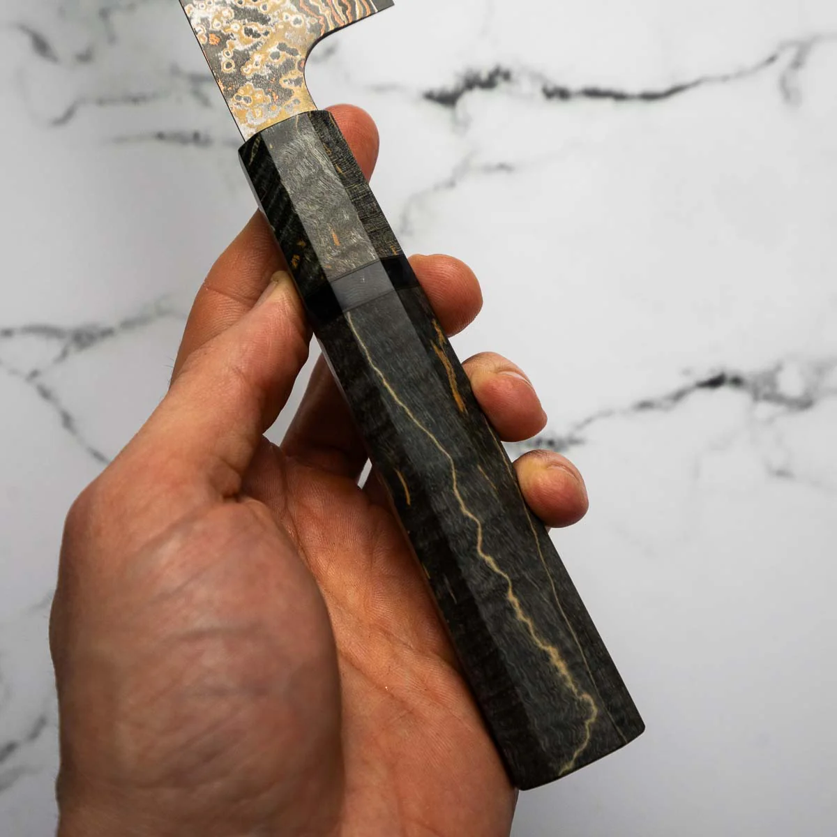 Takeshi Saji VG10-W Nashiji Rainbow Damascus Sujihiki 240mm - Dark Maple - Image 6
