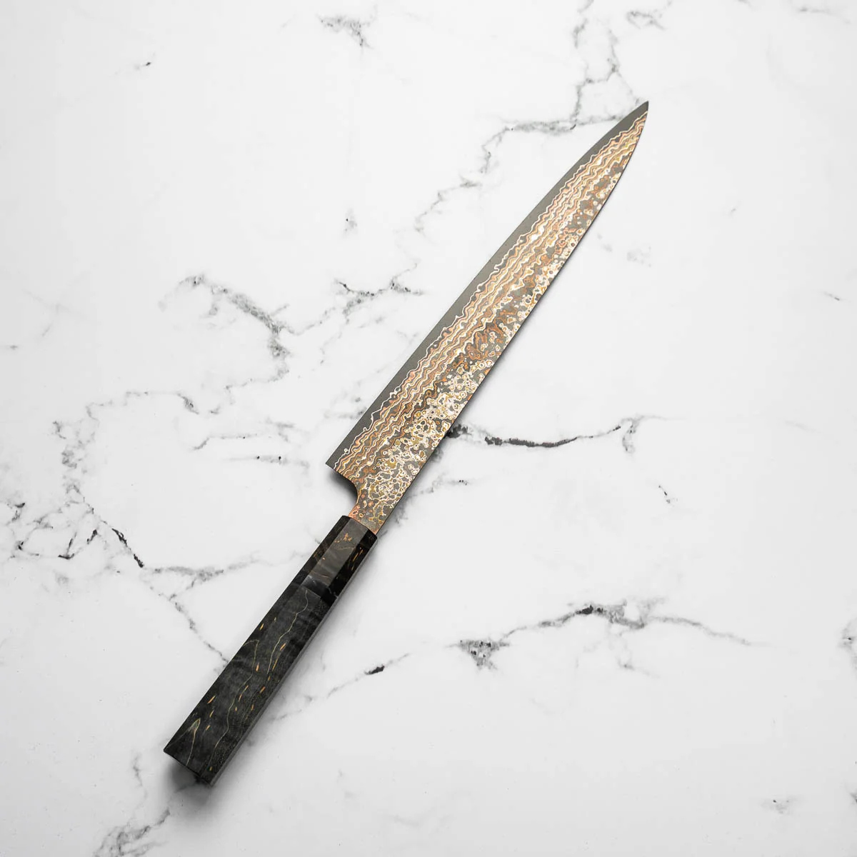 Takeshi Saji VG10-W Nashiji Rainbow Damascus Sujihiki 270mm - Dark Maple - Image 3