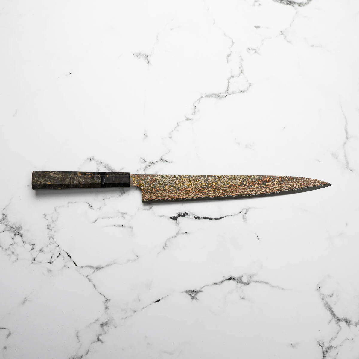 Takeshi Saji VG10-W Nashiji Rainbow Damascus Sujihiki 270mm - Dark Maple - Image 4