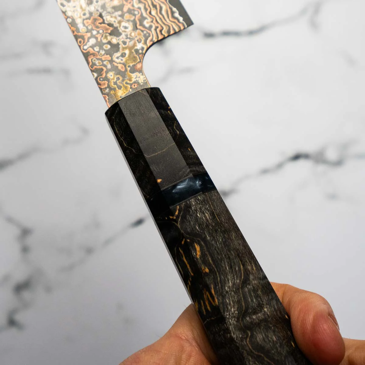 Takeshi Saji VG10-W Nashiji Rainbow Damascus Sujihiki 270mm - Dark Maple - Image 5