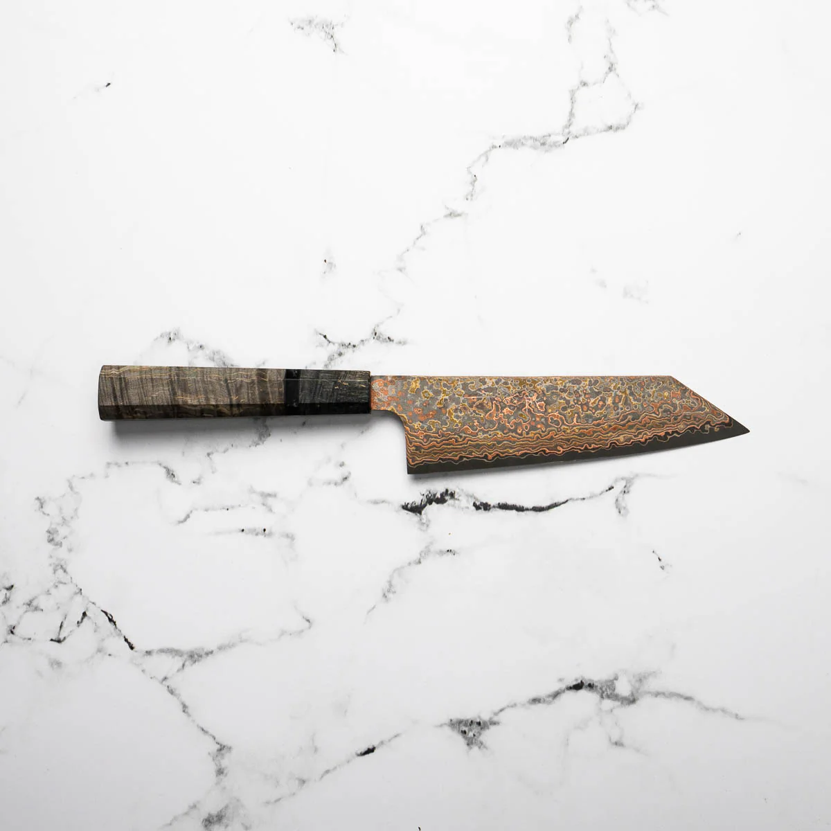 Takeshi Saji VG10-W Nashiji Rainbow Damascus Bunka 165mm - Dark Maple - Image 4