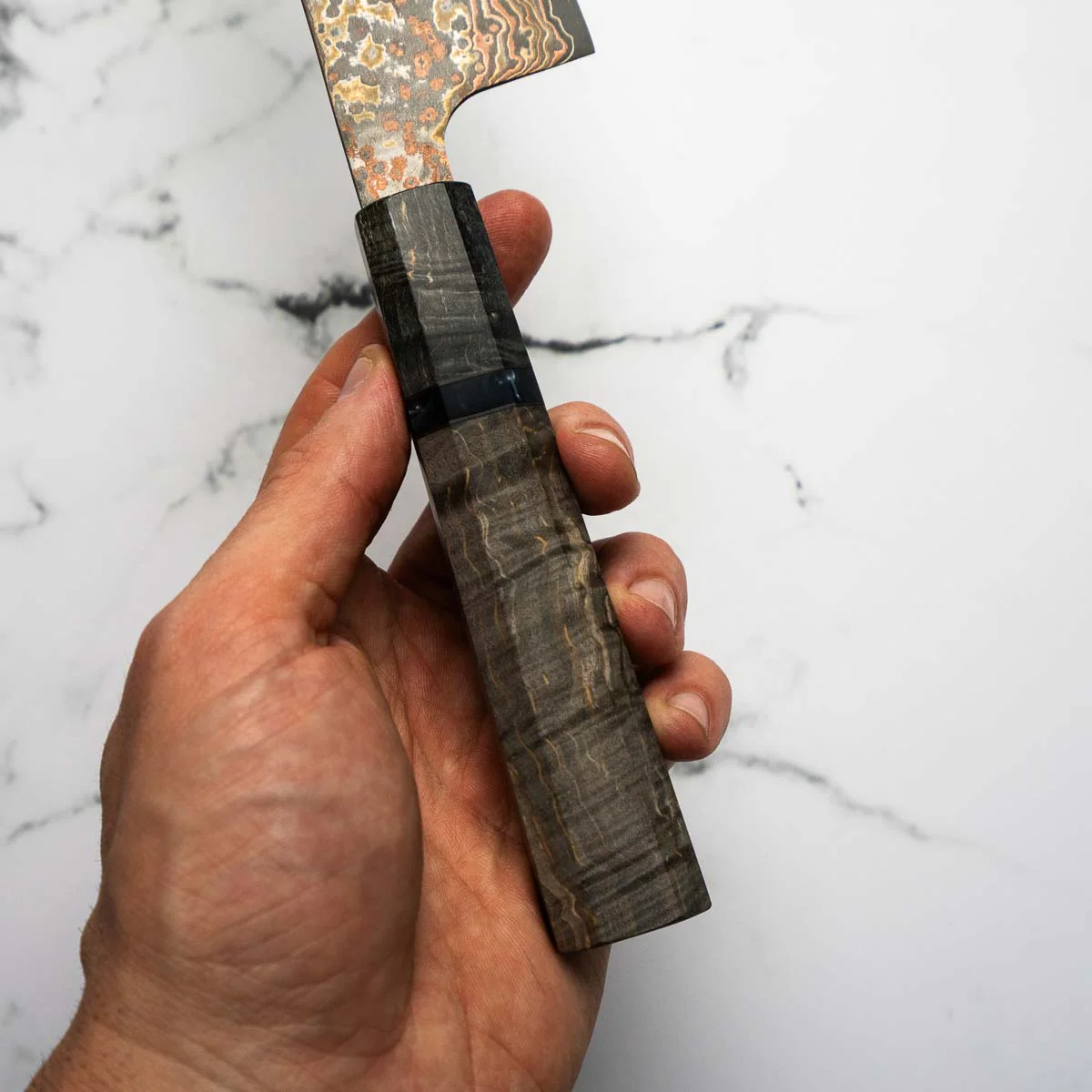 Takeshi Saji VG10-W Nashiji Rainbow Damascus Bunka 165mm - Dark Maple - Image 7