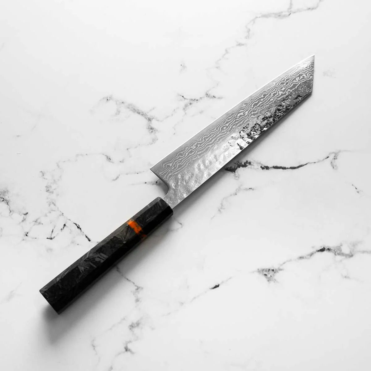 Tsunehisa 440C Damascus Tsuchime Kiritsuke 210mm - Carbon Fibre - Image 2