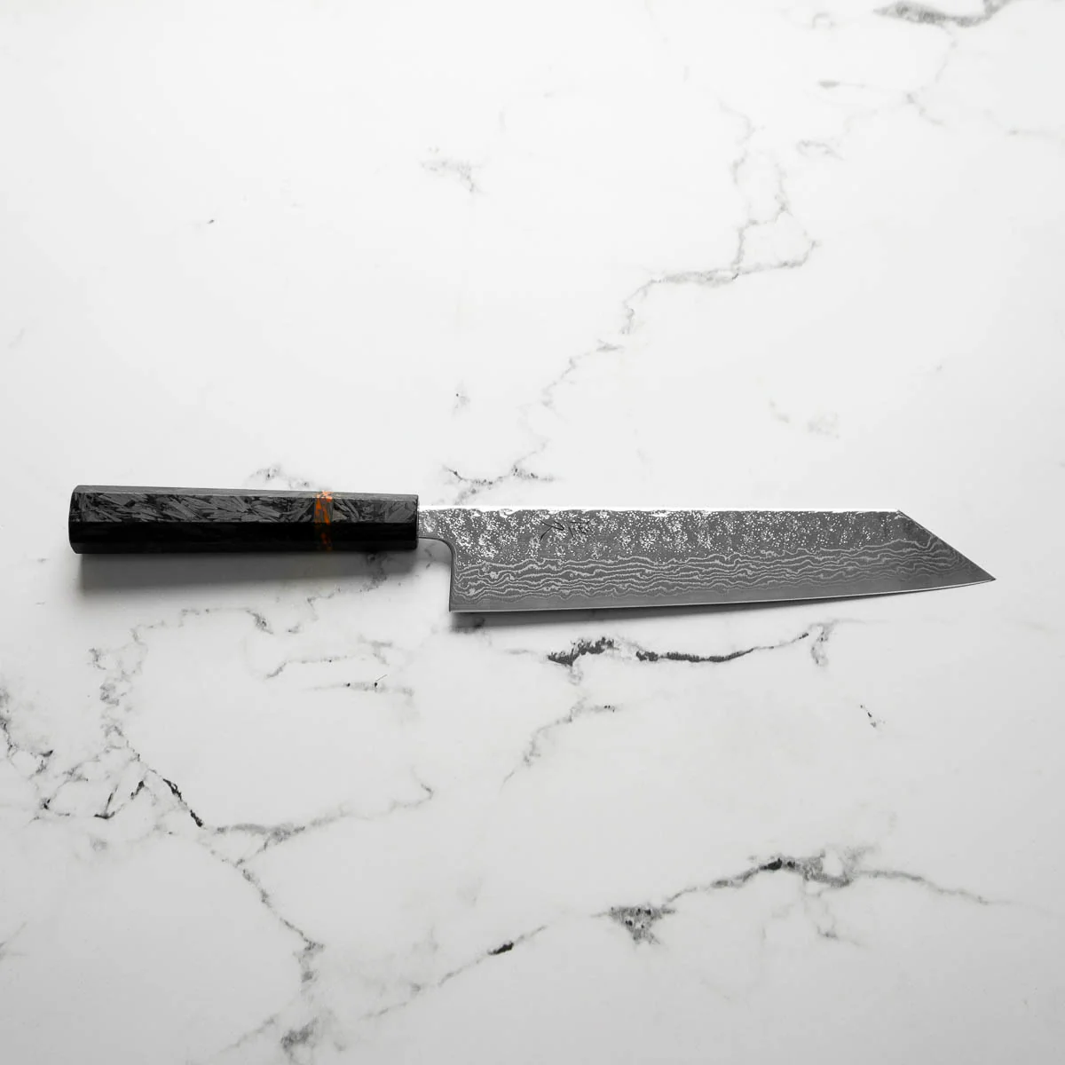 Tsunehisa 440C Damascus Tsuchime Kiritsuke 210mm - Carbon Fibre - Image 6
