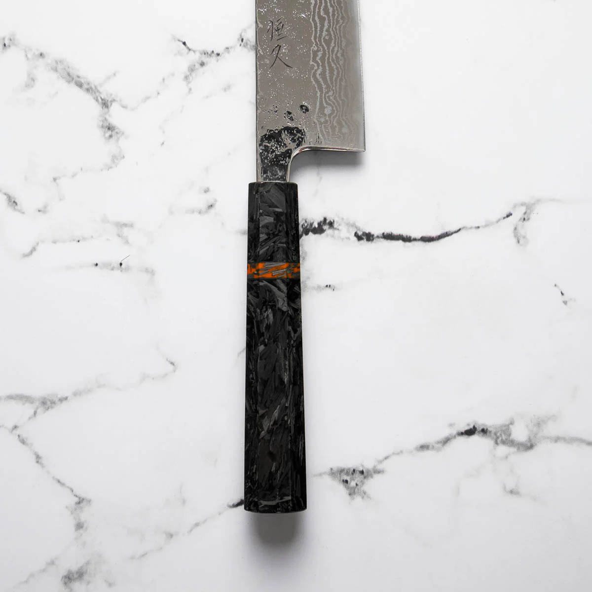 Tsunehisa 440C Damascus Tsuchime Kiritsuke 210mm - Carbon Fibre - Image 7
