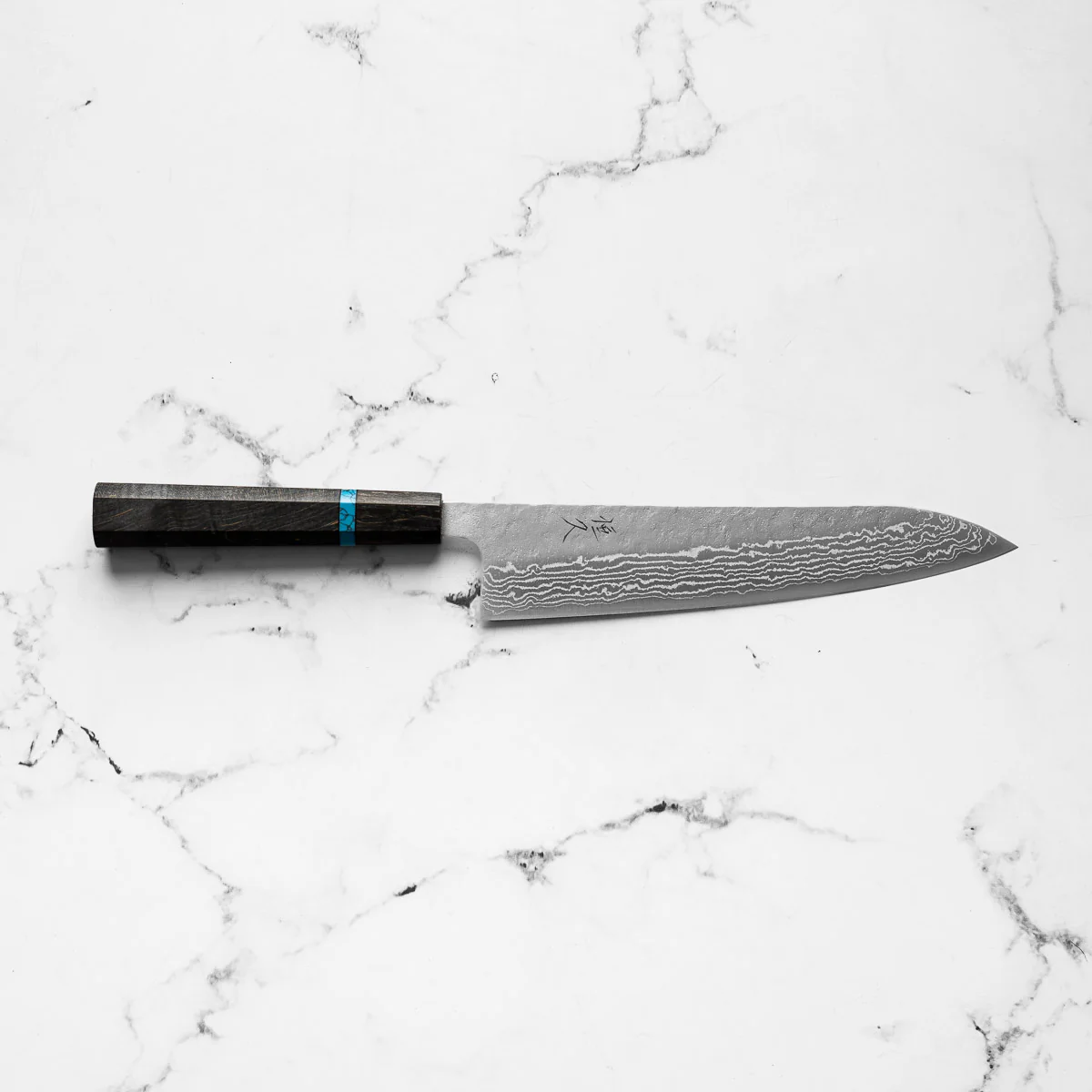 Tsunehisa 440C Damascus Tsuchime Gyuto 210mm - Maple Turquoise - Image 4