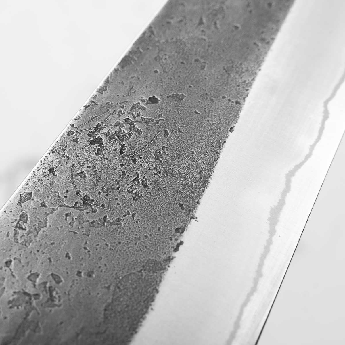 Yoshikane (Hatsukokoro) White 2 Kurouchi Nashiji Stainless Clad Gyuto 240mm - Ebony - Image 5